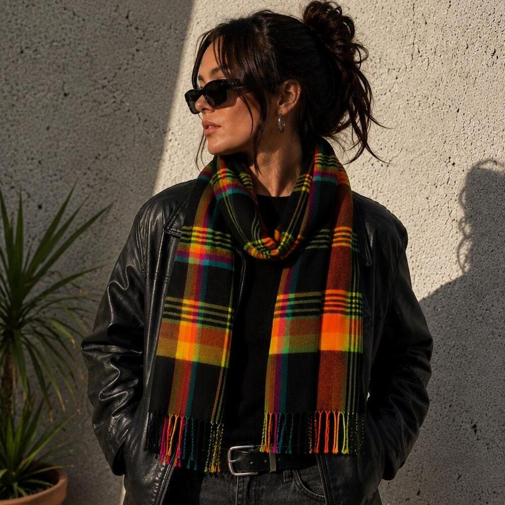 100% Cashmere Tartan Scarf Made Scotland Neon Plaid Fringe